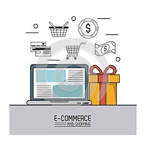 Colorful poster of e-commerce and shopping with laptop computer and gift in closeup and buying icons on top
