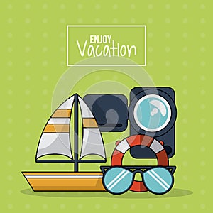 Colorful poster of enjoy vacation with sailboat video recorder flotation hoop and glasses