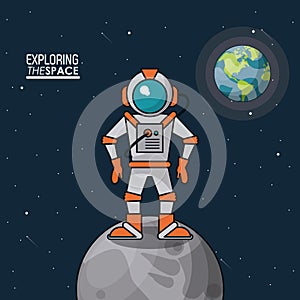 Colorful poster exploring the space with astronaut over the moon and planet earth in the background