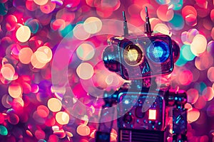 Colorful poster featuring a cute robot wearing music headphones - generative ai artwork for sale