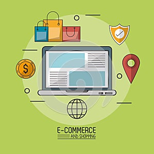 Colorful poster in green background of e-commerce and shopping with laptop computer in closeup and commerce icons around