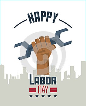 Colorful poster of happy labor day with silhouette of city and hand holding tool wrench