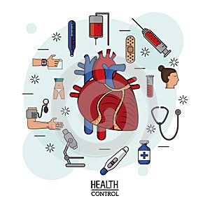 Colorful Poster of health control in white background with human heart system in closeup and icons around