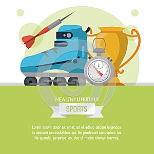 Colorful poster of healthy lifestyle sports with roller skate and trophy and dart and chronometer
