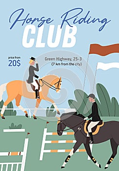 Colorful poster for horse riding club or school. Promotional placard for jockey performance. Vertical advertisement for