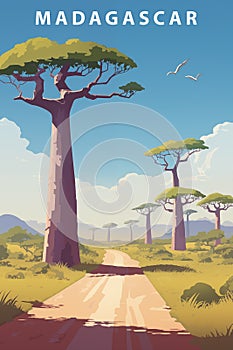 Colorful poster, placard with baobab alley, Madagascar island. photo