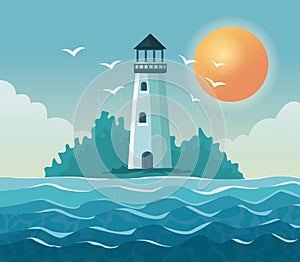 Colorful poster seaside with lighthouse in coast with sun in the sky