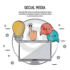 Colorful poster of social media with desktop computer in circle and icons light bulb and hand touch and speech bubble