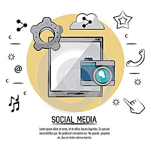 Colorful poster of social media with tablet device in beige circle and icons camera and settings and cloud link