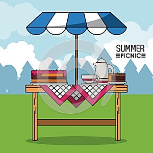 Colorful poster of summer picnic with outdoor landscape and table with sunshade and pie and coffee jar with cup