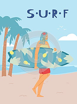 Colorful poster with surf girl holding surfboard and walking on beach.