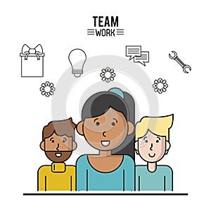 Colorful poster of team work with half body women with dark skin in closeup and two men on back side