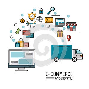 Colorful poster in white background of e-commerce and shopping with desktop computer and process add shopping to