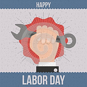 Colorful poster with zigzag lines of happy labor day with hand holding spanner