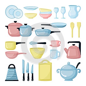 Colorful pots and pans flat illustrations set