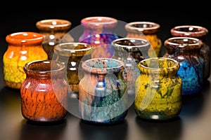colorful pottery glazes in small glass containers