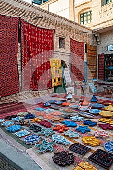 Colorful pottery sold on a market  in Tunisia