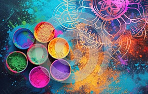 Colorful powder colors for Happy Holi and mandala image. Top view.