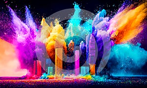 Colorful powder creates a magical explosion futuristic cityscape