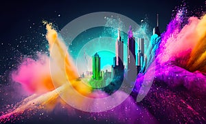 Colorful powder creates a magical explosion futuristic cityscape