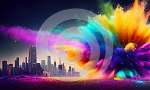 Colorful powder creates a magical explosion futuristic cityscape