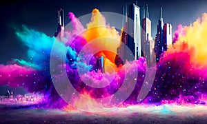 Colorful powder creates a magical explosion futuristic cityscape