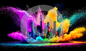 Colorful powder creates a magical explosion futuristic cityscape