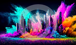 Colorful powder creates a magical explosion futuristic cityscape