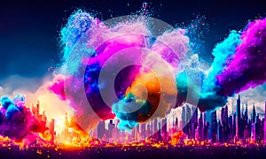 Colorful powder creates a magical explosion futuristic cityscape