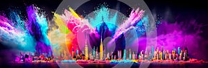 Colorful powder creates a magical explosion futuristic cityscape