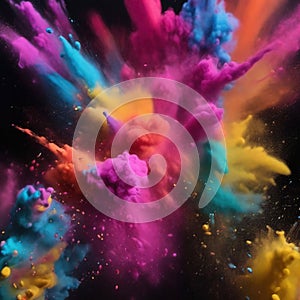 Colorful powder explosion paint holi splash on black background