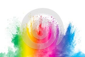 Colorful powder explosion on white background. Abstract pastel color dust particles splash