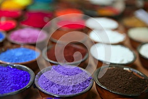 Colorful powder pigments in rows