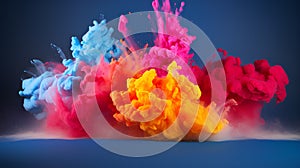 colorful powder splashes on dark blue background. abstract powder background.