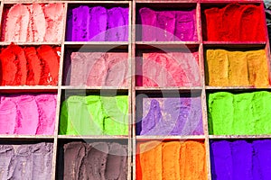 Colorful powders for religious purposes (Hinduism) on a market in Nepal