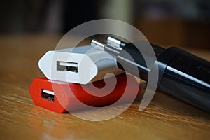 Colorful power chargers with USB connectors for a power point