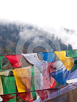 Colorful prayer flags over the misty himalayas in Bhutan