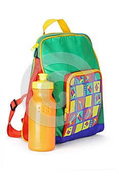 Colorful preschooler backpack and water container photo