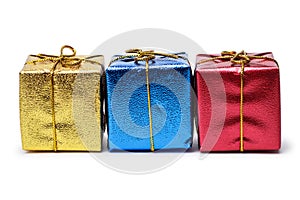 Colorful present boxes isolated over white