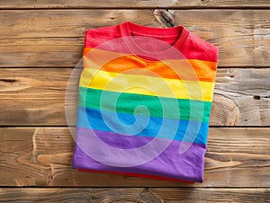 Colorful pride flag on wooden background photo