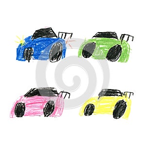 Colorful primitive cars in kids style, Simple kids illustration hand drawn by color pencils