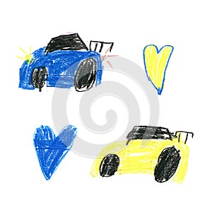 Colorful primitive cars in kids style. Simple kids illustration hand drawn by color pencils