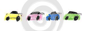 Colorful primitive cars in kids style. Simple kids illustration hand drawn by color pencils