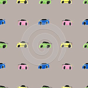 Colorful primitive cars pattern in kids style. Simple kids illustration hand drawn by color pencils