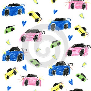 Colorful primitive cars pattern in kids style. Simple kids illustration hand drawn by color pencils