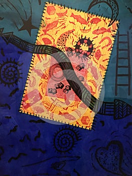 A colorful print with moons and stars at the Detroit Institute of Arts - WOOD - ART