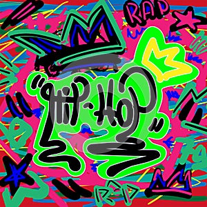 Colorful print in style of graffiti with a text Hip hop. Music vector illustration.