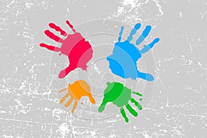 Colorful  prints of hand on white and grey background