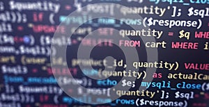 Colorful programming php and html code on a monitor. PHP language code closeup. Backend programming, software development concept