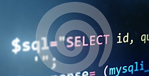Colorful programming php and html code on a monitor. PHP language code closeup. Backend programming, software development concept